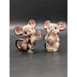 Vintage MCM Anthropomorphic Mouse Salt & Pepper Shakers Ceramic Mice w/ Cork